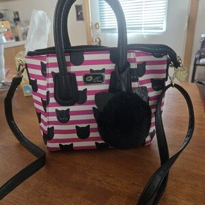 Betsey Johnson Pink & White Striped Cat Print Satchel with Black Trim
